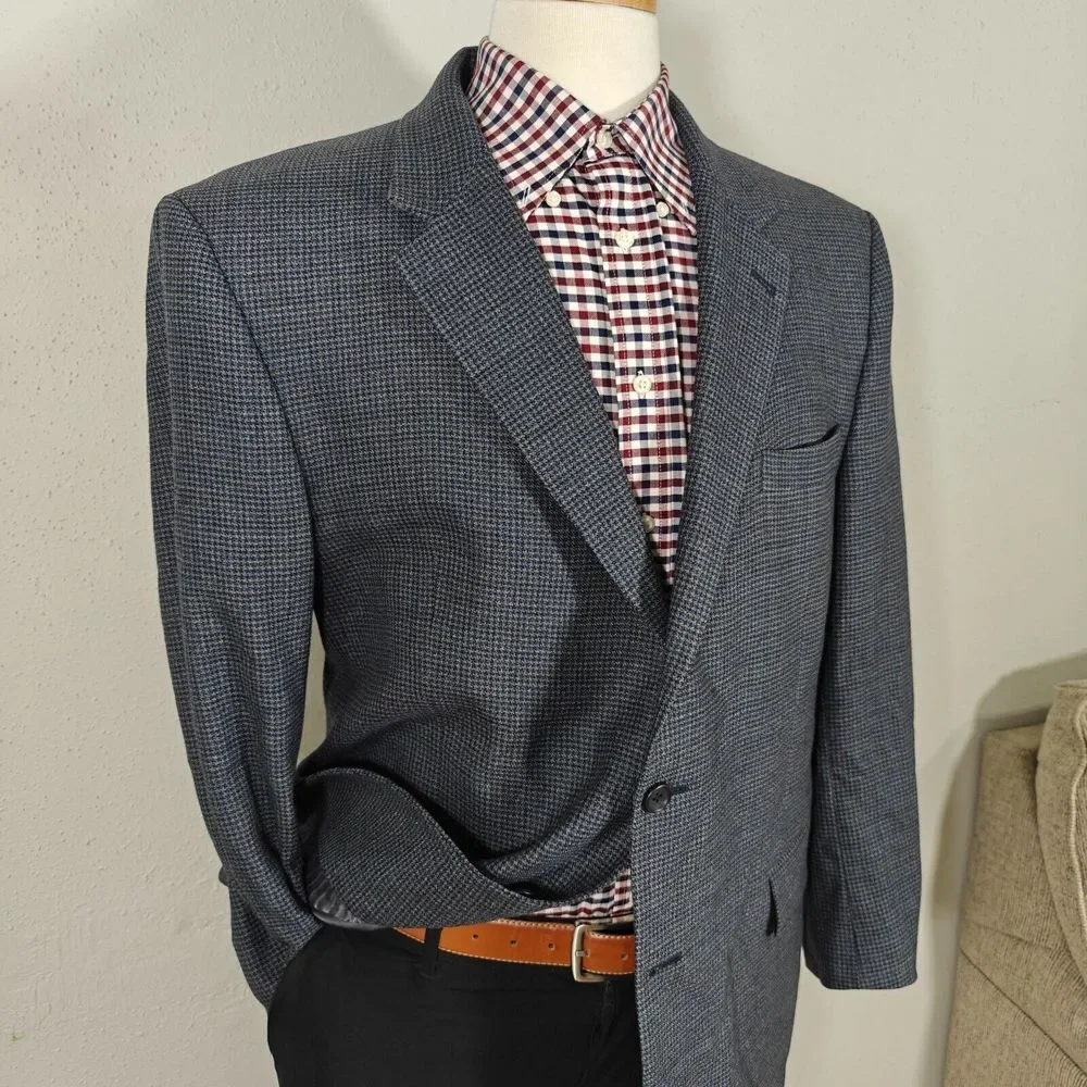 JOS A BANK Men's Flannel Sport Coat Blazer Two‎ Button Navy Houndstooth Wool 46R